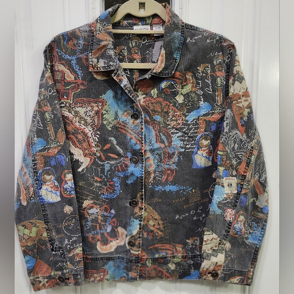 Chico's Black Linen Cotton Button Down Jacket Postcard Themed Print Women's 12